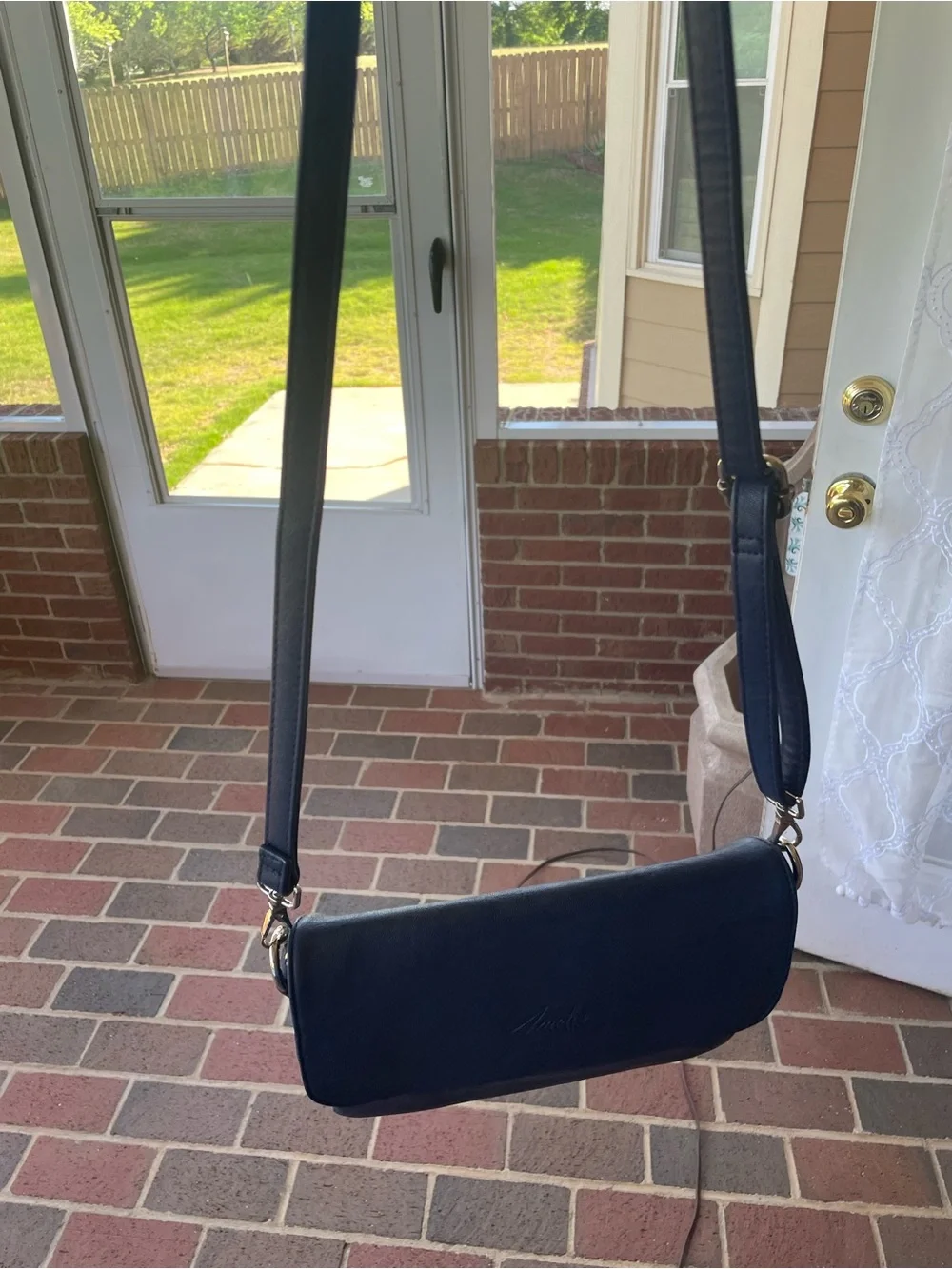 Amelie Galanti Navy Foldover Crossbody Clutch Purse Minimalist Chic Bag EUC